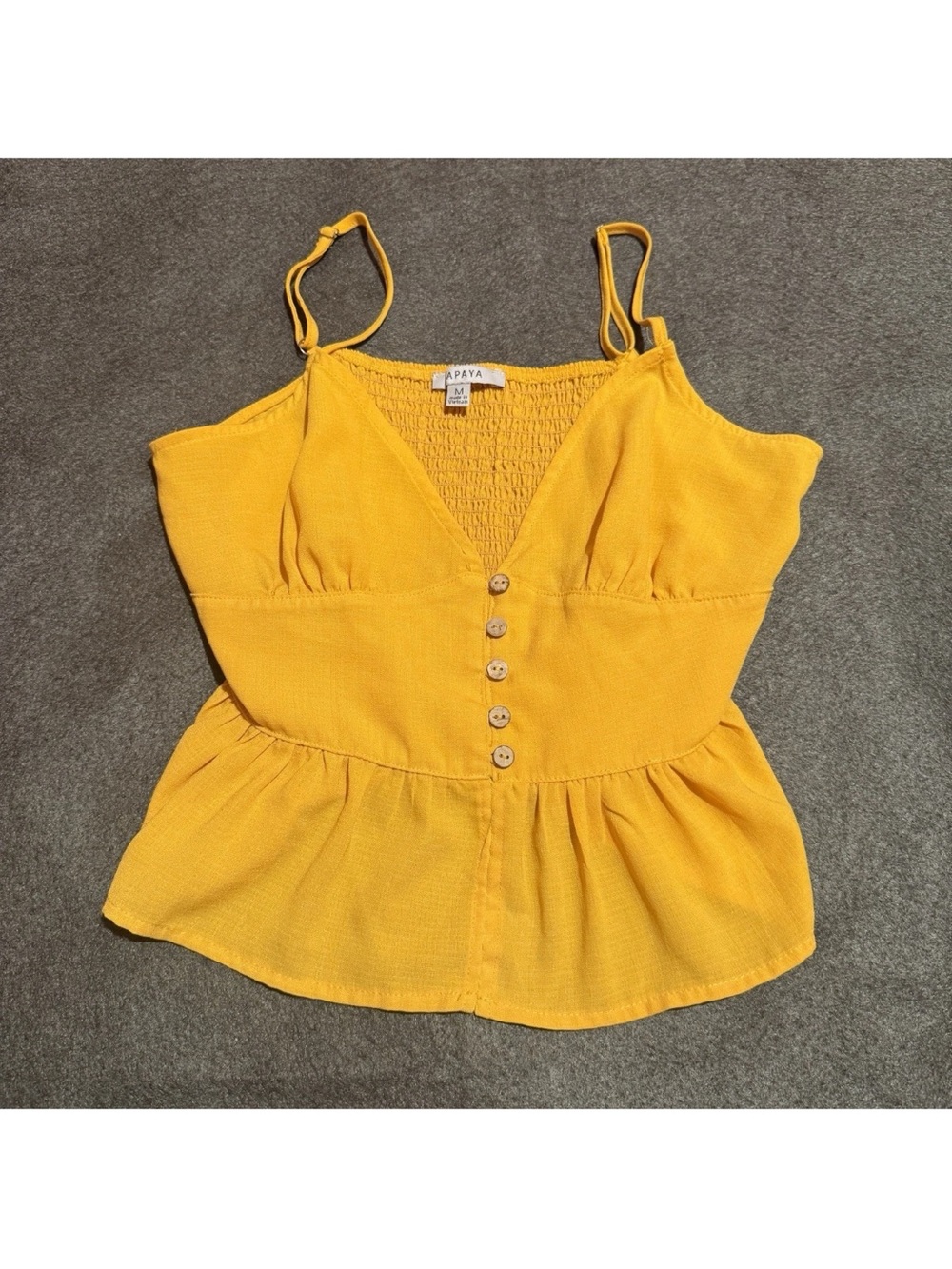 Papaya Mustard Yellow Button-Front Peplum Cami medium M top chiffon soft